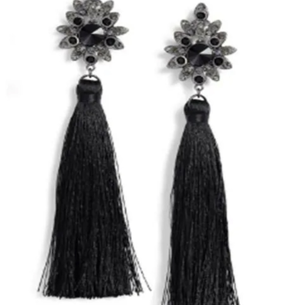 Tasha NWT Beaded Rhinestone Earrings with Black Tassels